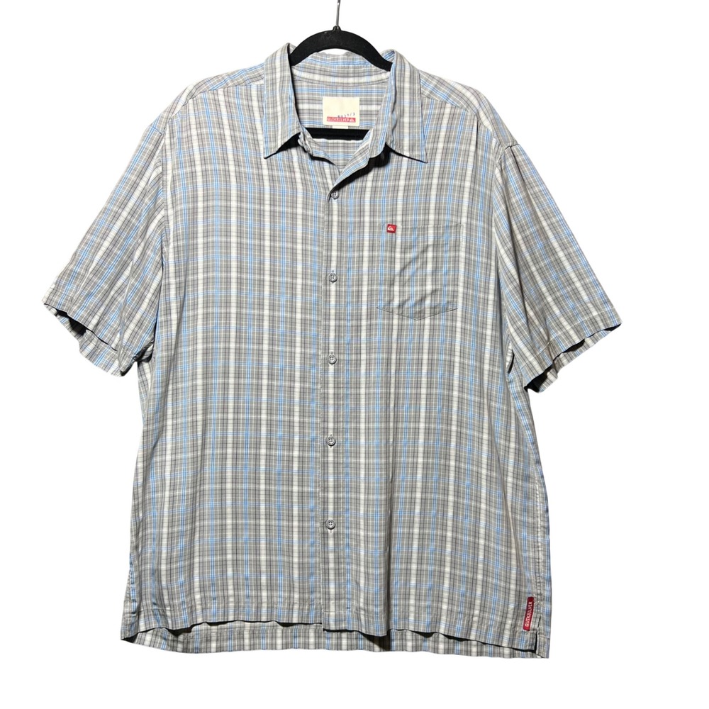Vintage 90s Quiksilver Plaid Button Down Shirt XL Blue Grey Short Sleeve Surf